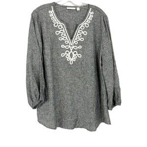 Susan Graver Pure Gray & White Linen Long Sleeve Blouse Tunic - Size Large